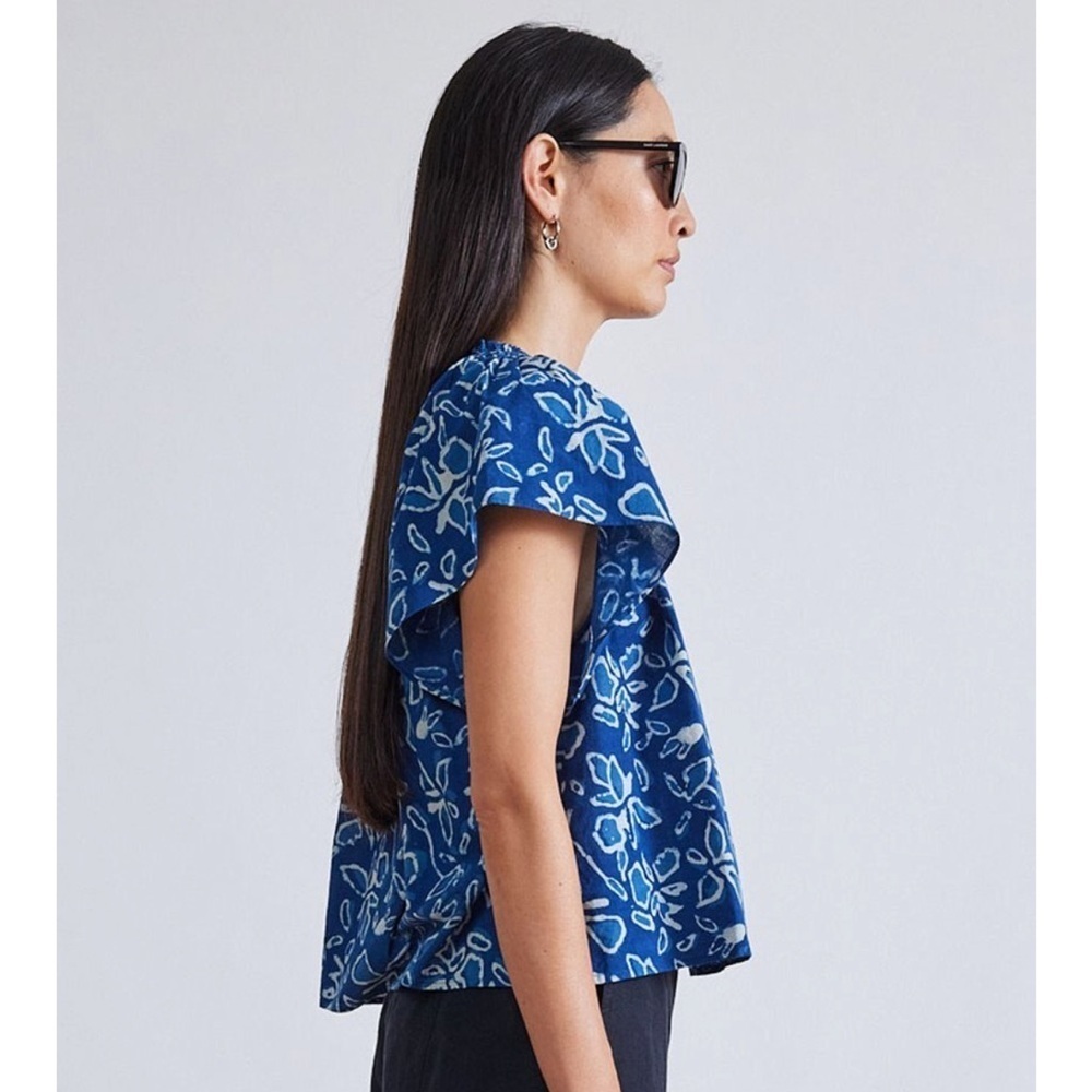 Apiece Apart Patricia Flutter Sleeve Floras Dabu Indigo Blouse Size Small - Picture 7 of 9